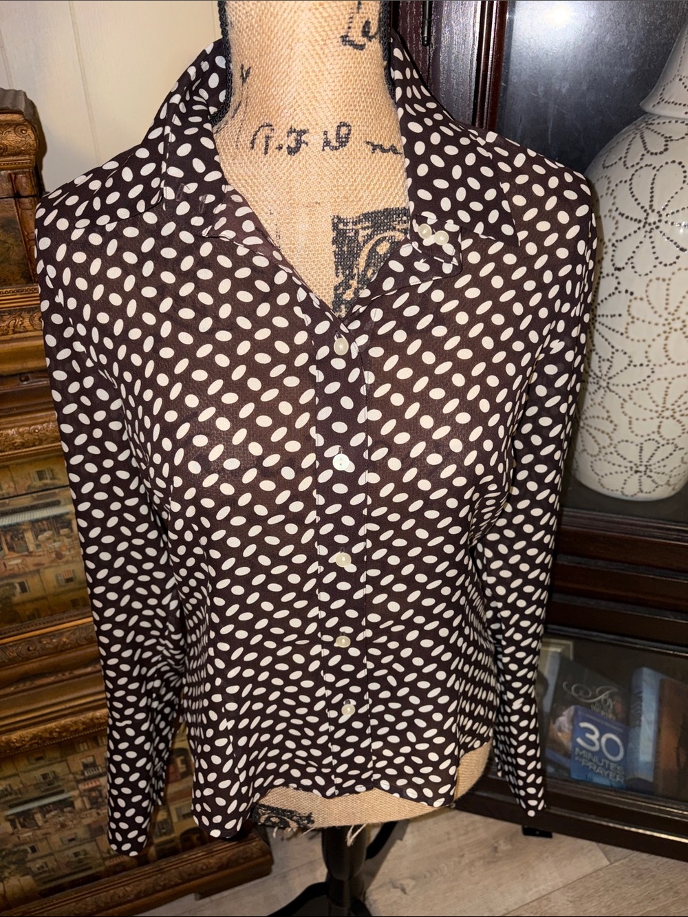 INC International Concepts Brown and White Polka Dot Button-Front Shirt